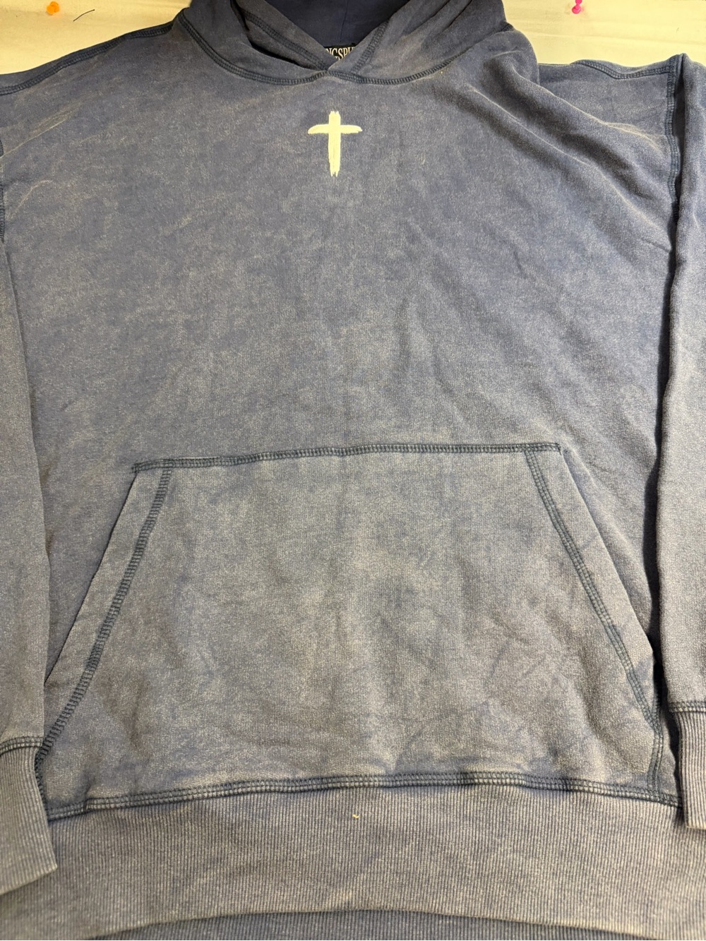 Men's Blue Hooded Pullover Sweatshirt with Front Pocket. Jesus Loves you Graphic
